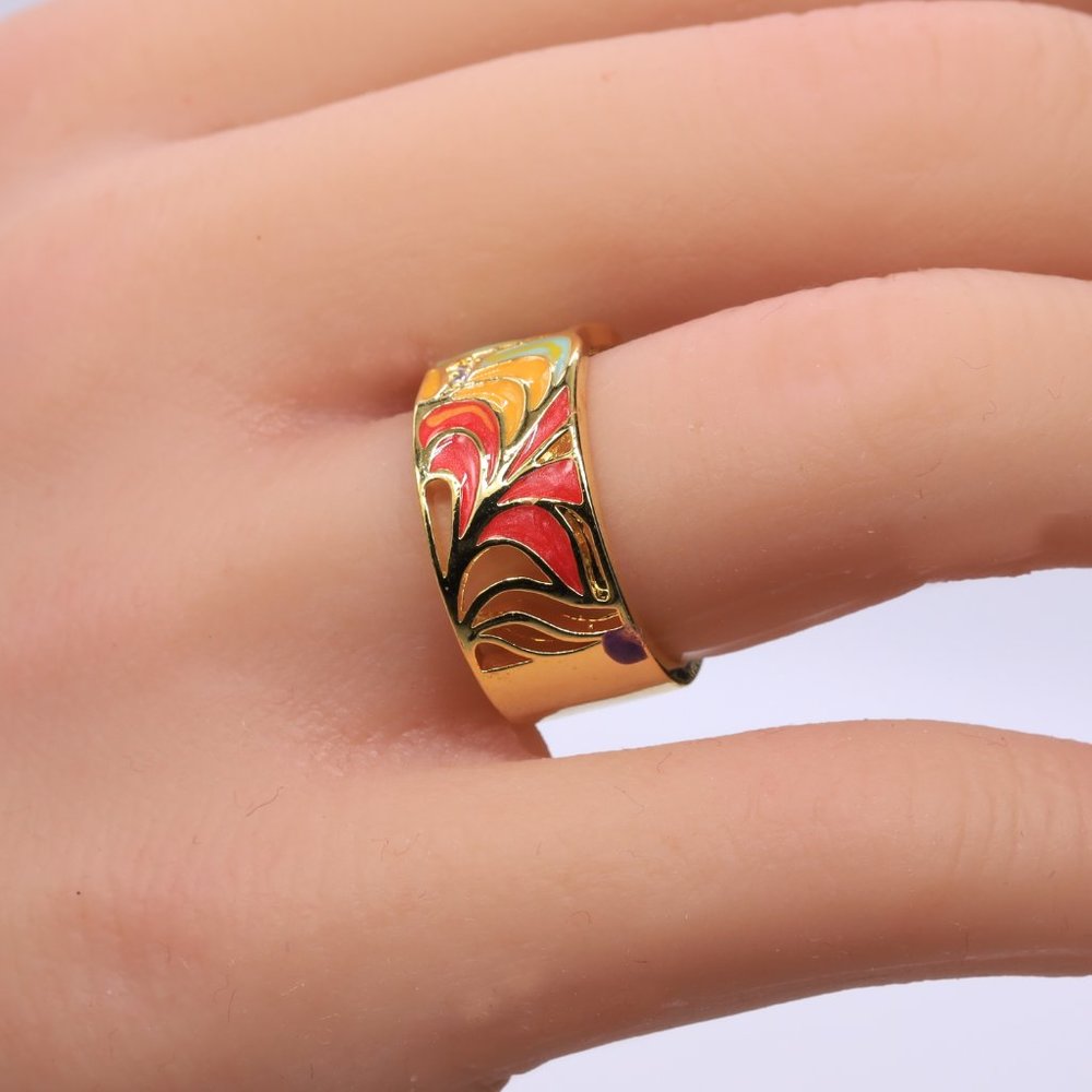 S925 Silver plated multi color fashion ring with golden color feathering. - Picture 2 of 12